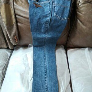 denim decorated blue jeans from a boutique.